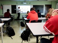 New Bedford High School AP Calculus teacher Nelson Rodriques, establishes which name his students want to be called by, as students across New Bedford return to school.  [ PETER PEREIRA/THE STANDARD-TIMES/SCMG ]